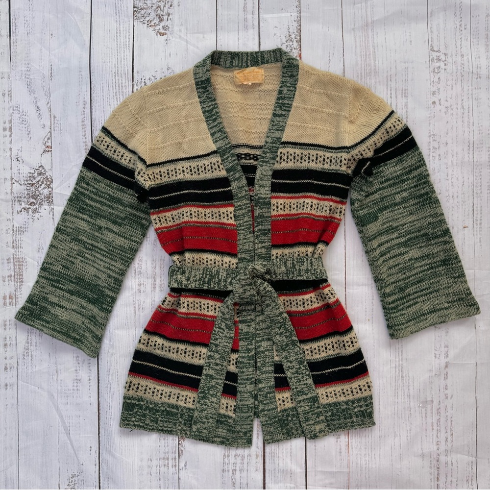 60s 70s hippie space dye tie front wrap kimono sweater with bell sleeves boho